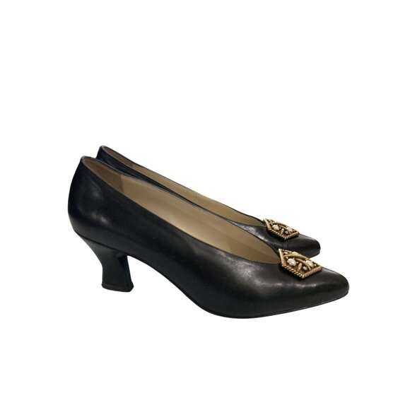 Vintage Enrico Gerbi women size 8.5 black Leather gold Embellishment shoe Italy - Picture 4 of 7